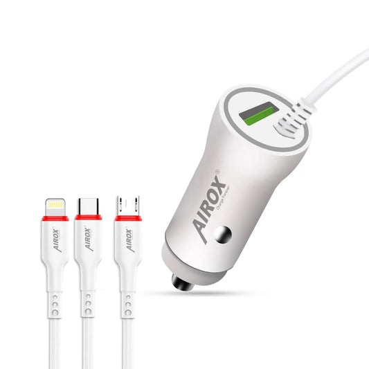 Airox 16 watt Fast Charging Car Charger Adapter with built in Micro Usb Cable | Lightening Cable and Type C Cable